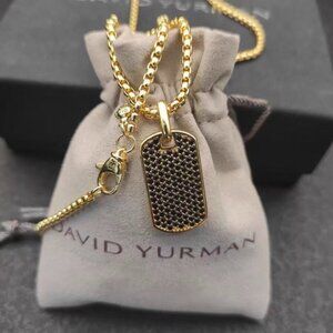 David Yurman 18K Gold Black Diamond Dog Tag Pendant Necklace
